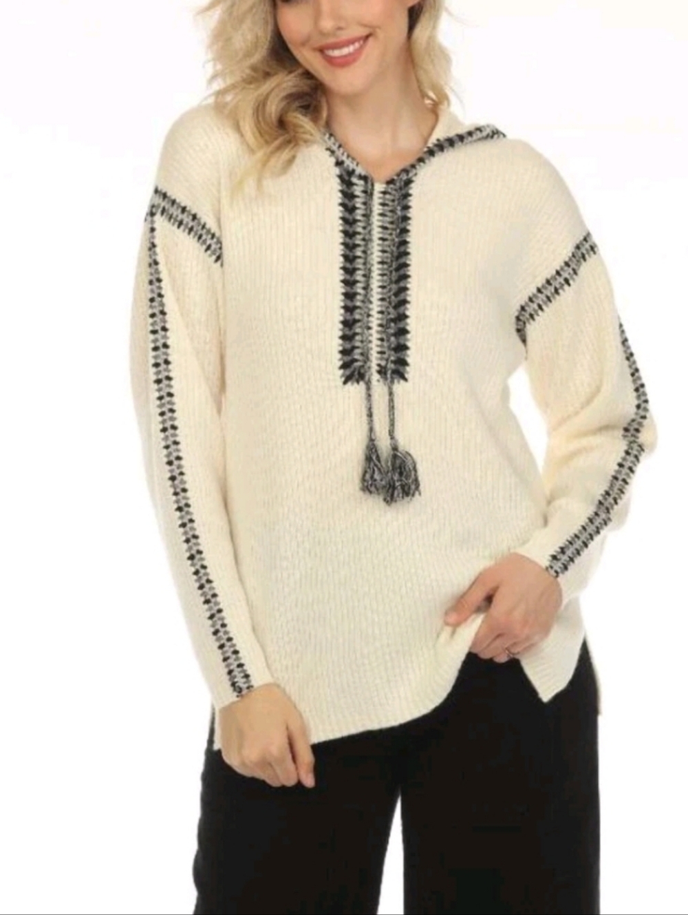 Johnny Was Cream Hooded Crewneck Sweater with Black Whipstitch